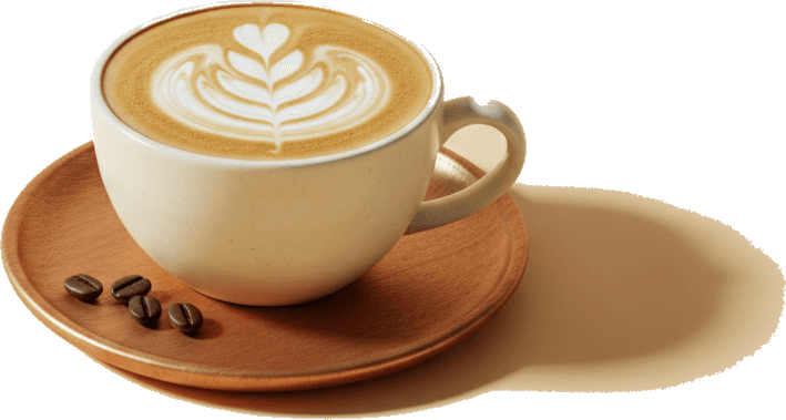Cappuccino orné d'un art latté en rosette, sur une soucoupe en cuivre