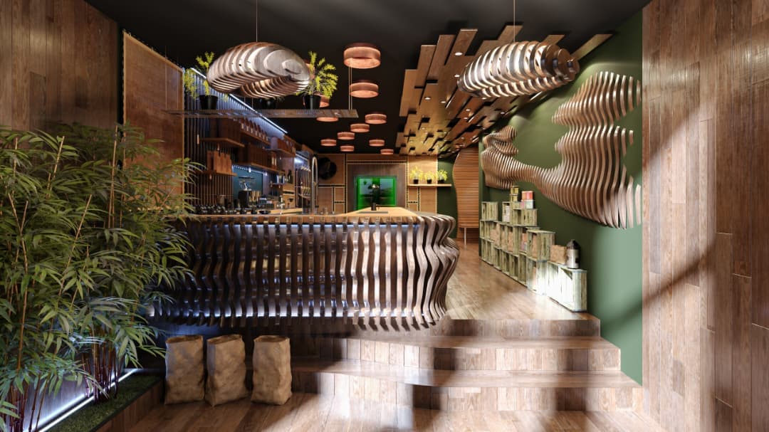 Intérieur du café — comptoir en bois ondulé, plantes et lumières cuivrées